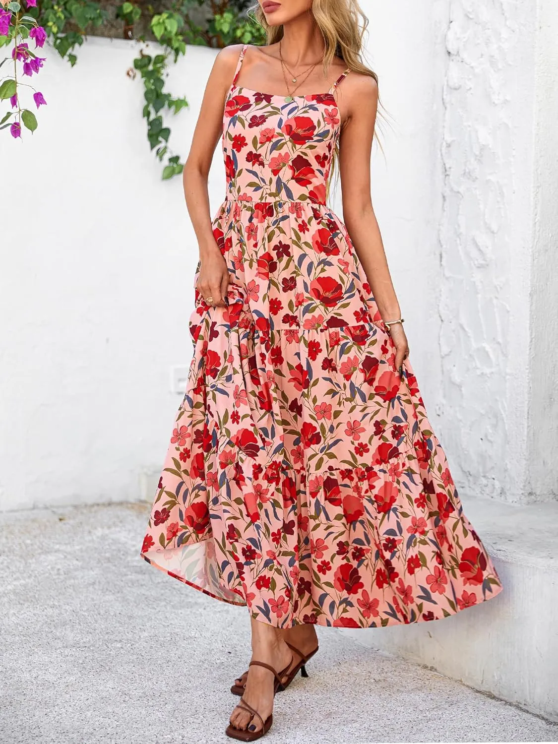 NOLLSOM Women's Summer Dress 2025 Casual Floral Boho Maxi Dresses Sleeveless Spaghetti Strap Long Beach Sun Dresses