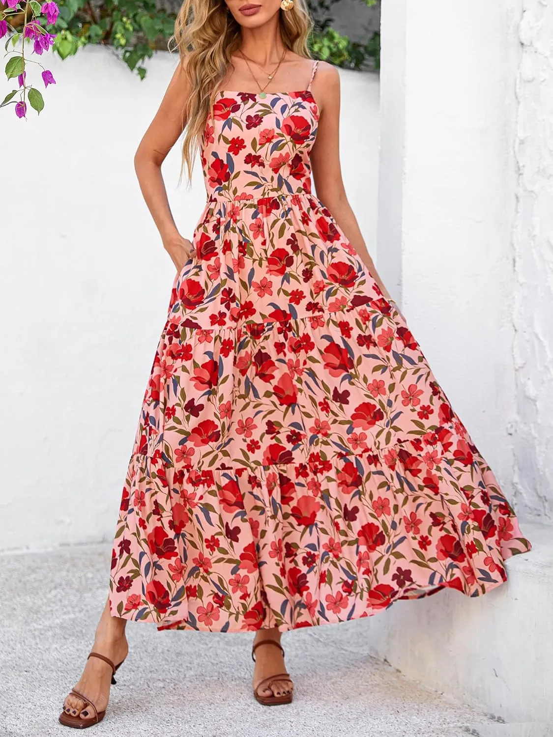 NOLLSOM Women's Summer Dress 2025 Casual Floral Boho Maxi Dresses Sleeveless Spaghetti Strap Long Beach Sun Dresses