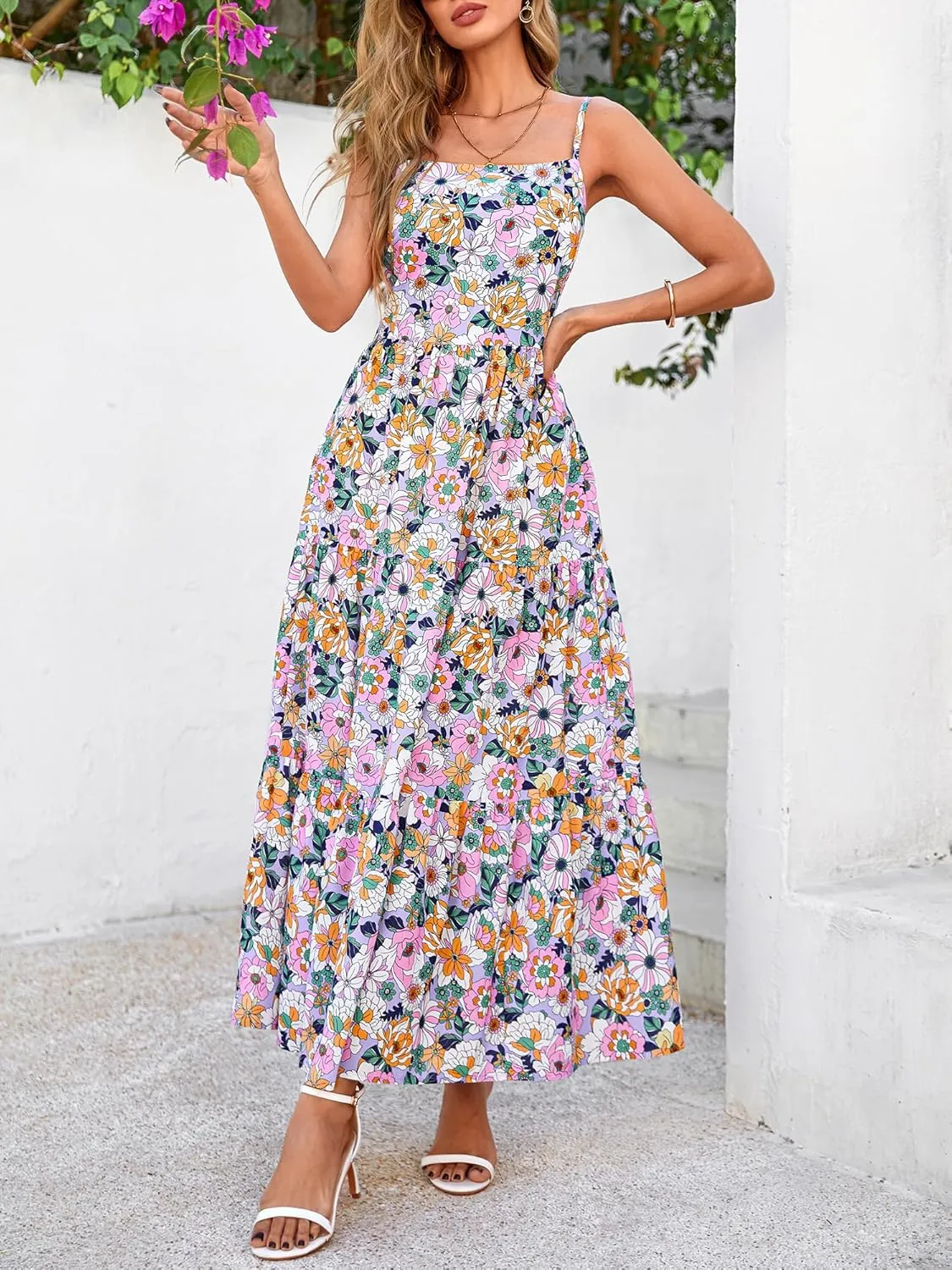 NOLLSOM Women's Summer Dress 2025 Casual Floral Boho Maxi Dresses Sleeveless Spaghetti Strap Long Beach Sun Dresses