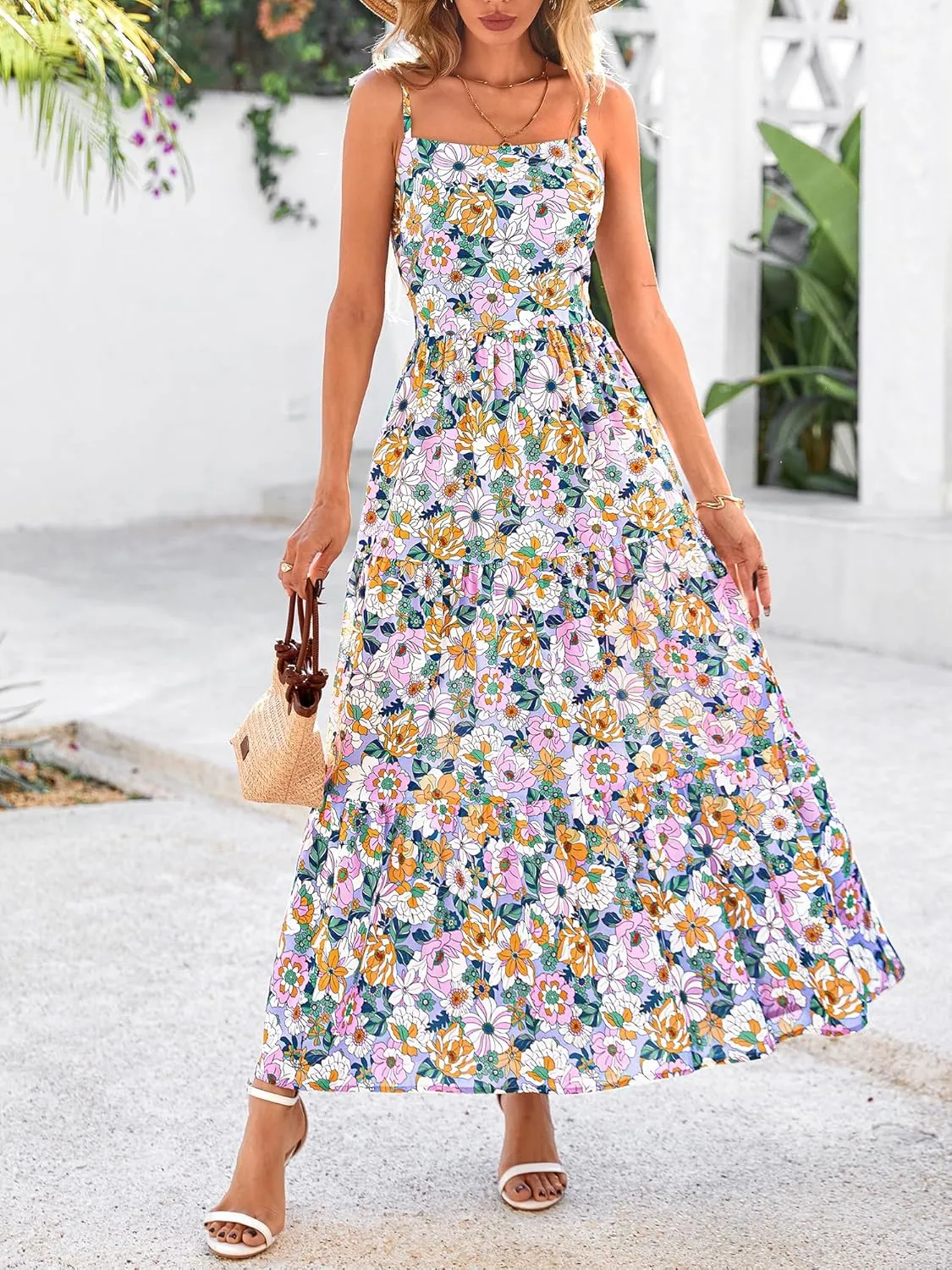 NOLLSOM Women's Summer Dress 2025 Casual Floral Boho Maxi Dresses Sleeveless Spaghetti Strap Long Beach Sun Dresses
