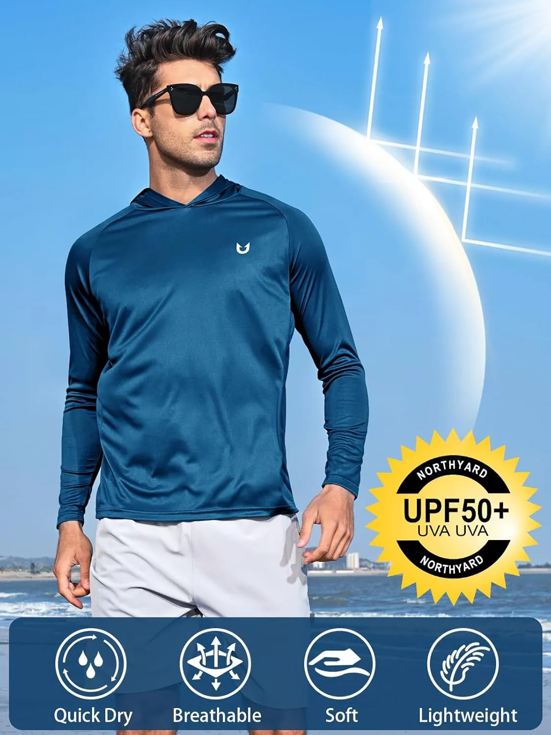 NORTHYARD Men's UPF 50  Hoodie Shirts Long Sleeve Sun Protection Fishing Swim Lightweight UV SPF Running Rash Guard Quick Dry
