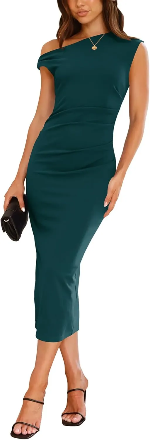 Nova In Sky Women's 2025 Summer Bodycon Midi Dress One Shoulder Wear to Work Ruched Slit Formal Cocktail Wedding Guest Dress