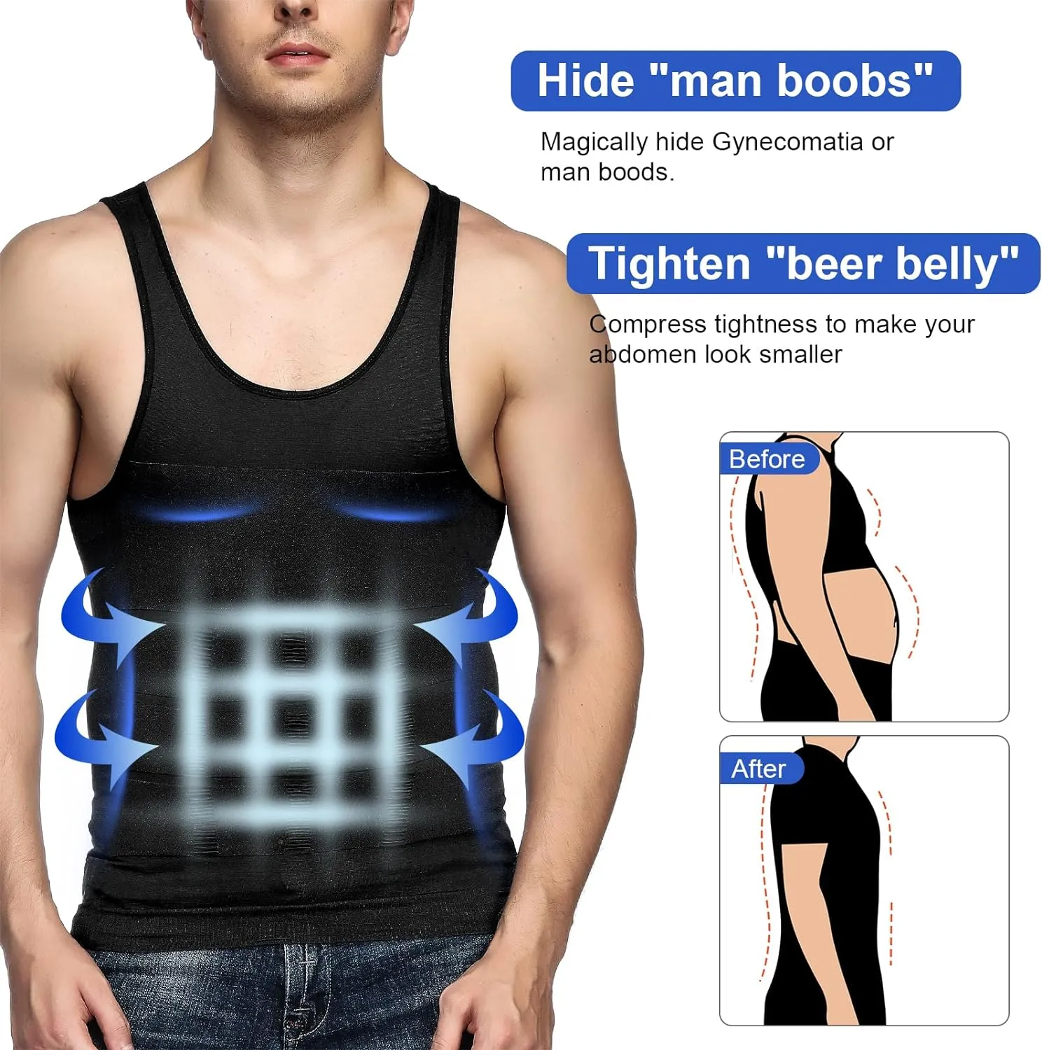Odoland Mens 5 Pack Body Shaper Slimming Tummy Vest Thermal Compression Shirt Tank Top Shapewear