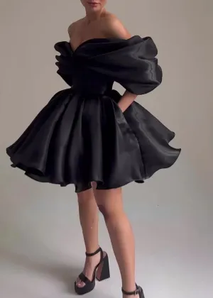 Off Shoulder Satin Homecoming Dresses for Teens A Line Ruffle Prom Dresses Strapless Short Cocktail Party Gowns IE10