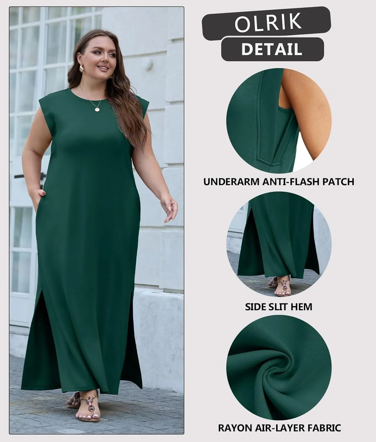 OLRIK 2025 Summer Women's Plus Size Maxi Dresses for Curvy Women Casual Split Long Dress with Pockets