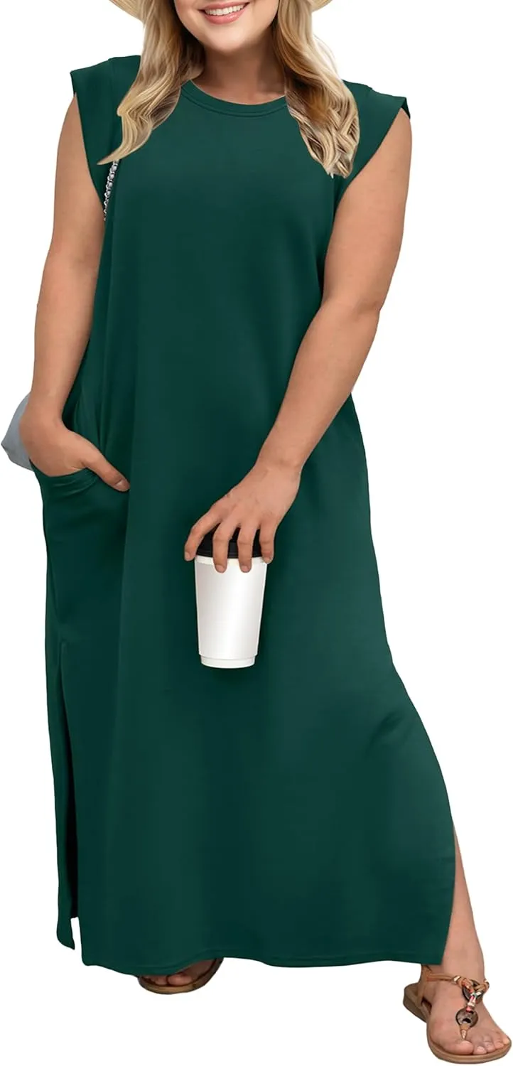 OLRIK 2025 Summer Women's Plus Size Maxi Dresses for Curvy Women Casual Split Long Dress with Pockets