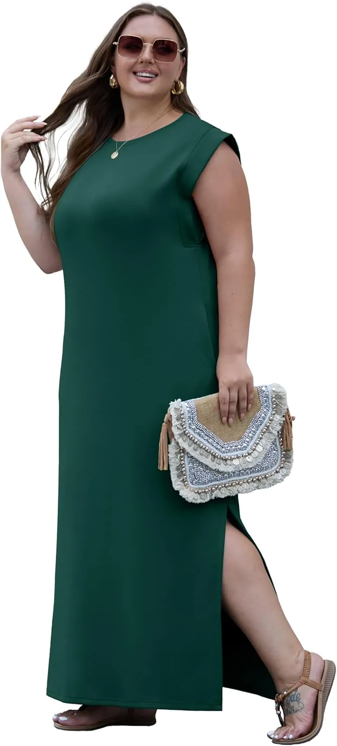OLRIK 2025 Summer Women's Plus Size Maxi Dresses for Curvy Women Casual Split Long Dress with Pockets