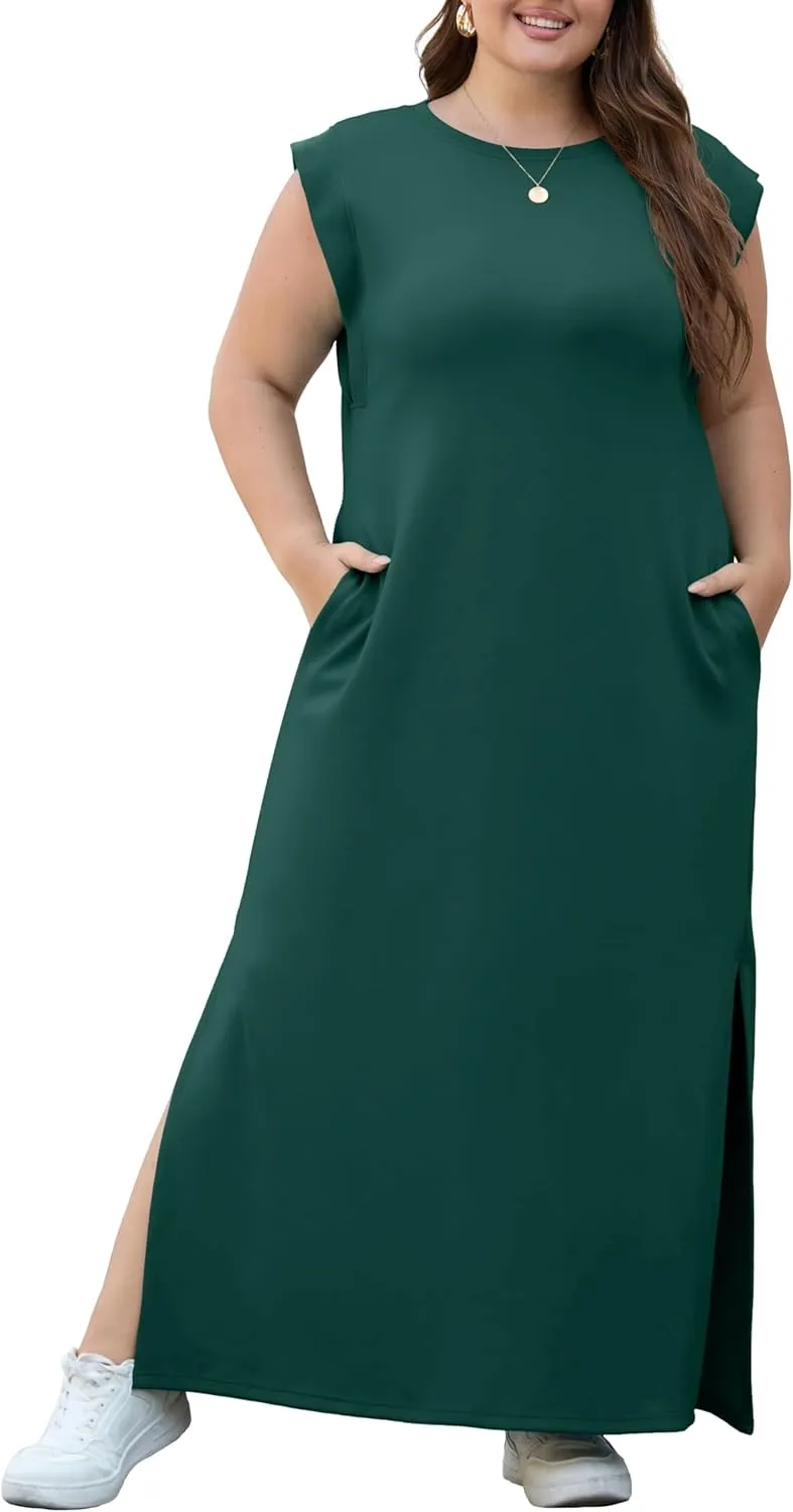 OLRIK 2025 Summer Women's Plus Size Maxi Dresses for Curvy Women Casual Split Long Dress with Pockets