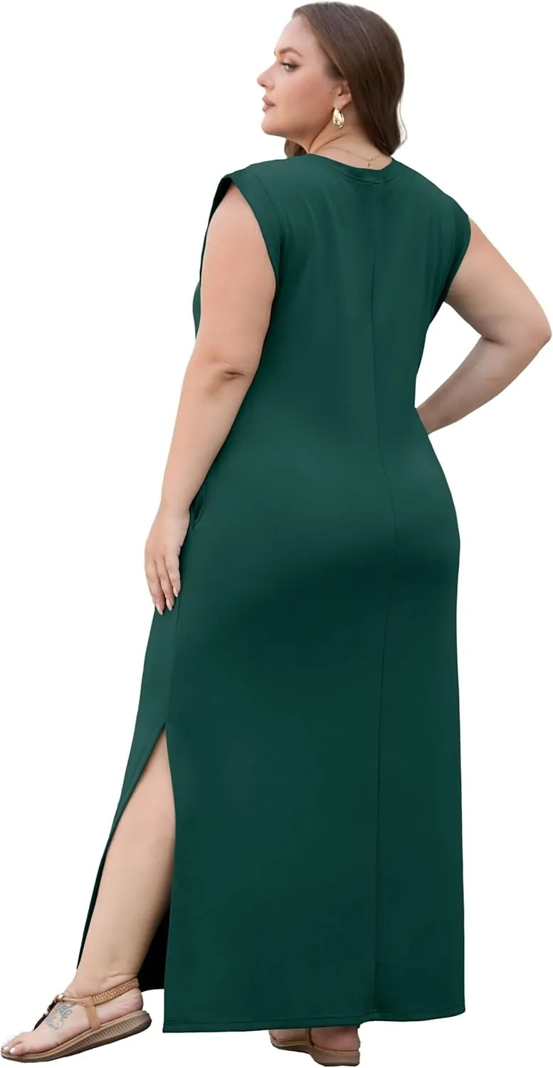 OLRIK 2025 Summer Women's Plus Size Maxi Dresses for Curvy Women Casual Split Long Dress with Pockets