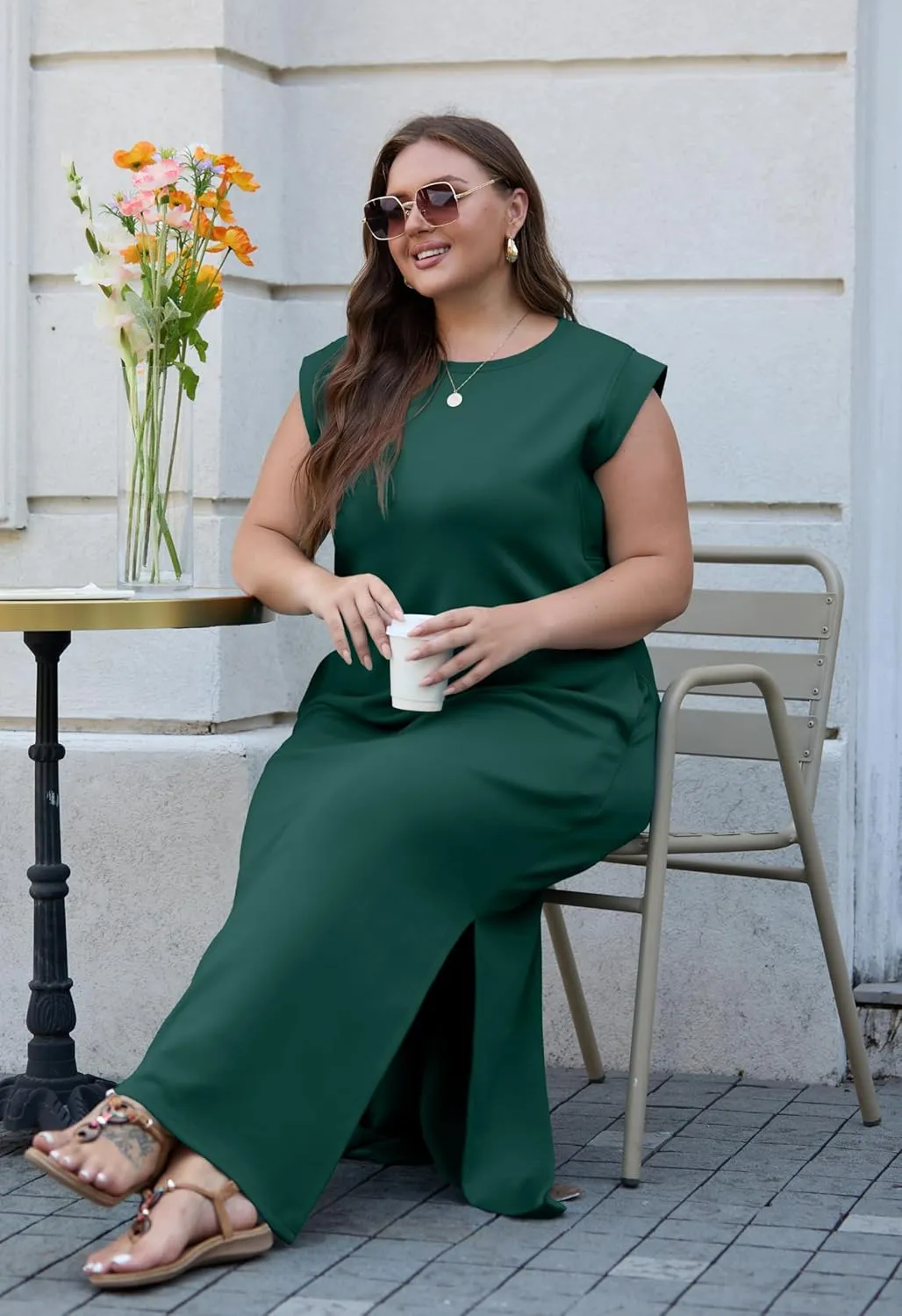 OLRIK 2025 Summer Women's Plus Size Maxi Dresses for Curvy Women Casual Split Long Dress with Pockets