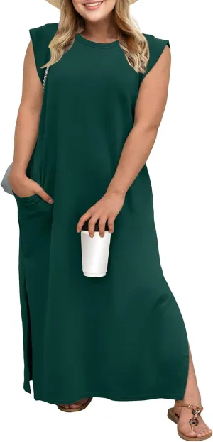 OLRIK 2025 Summer Women's Plus Size Maxi Dresses for Curvy Women Casual Split Long Dress with Pockets