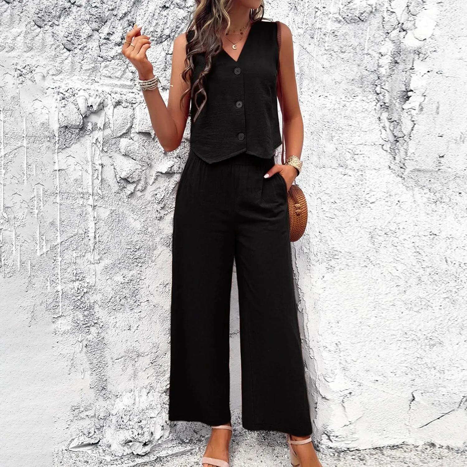 Pant Suits for Women Dressy Casual 2 Piece Sets Sleeveless Blazer Vest with Wide Leg Capri Pants Office Work Outfits
