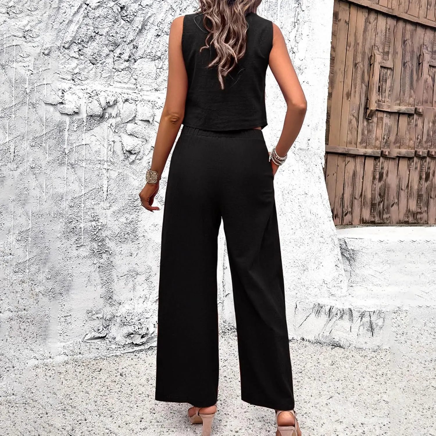 Pant Suits for Women Dressy Casual 2 Piece Sets Sleeveless Blazer Vest with Wide Leg Capri Pants Office Work Outfits