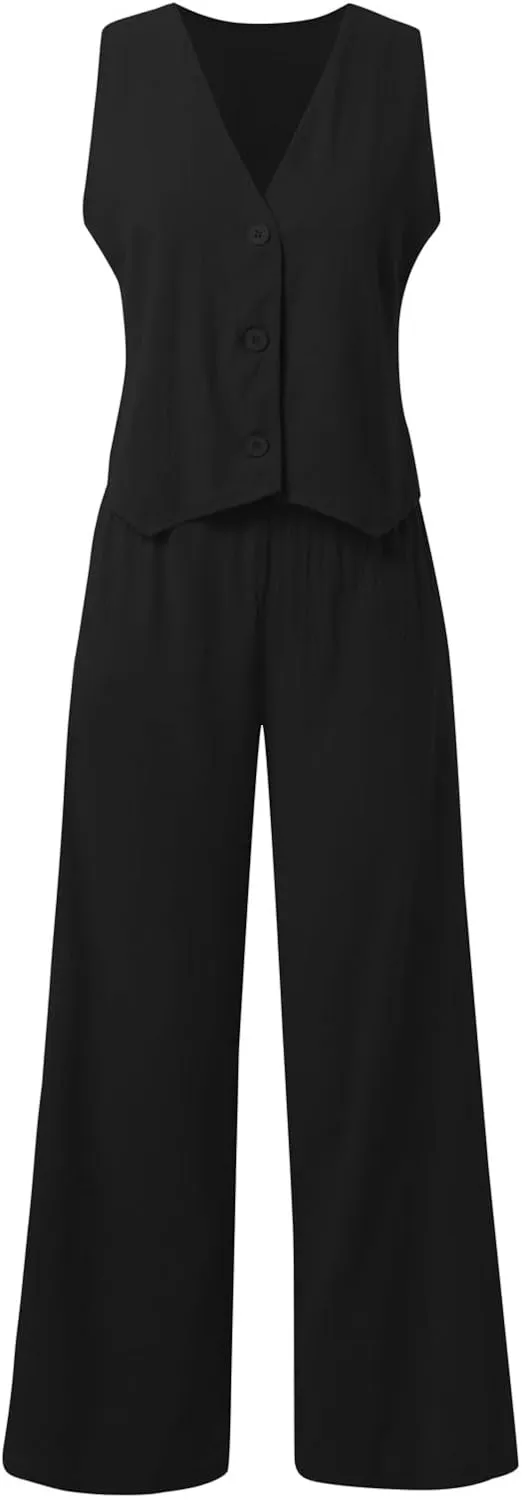 Pant Suits for Women Dressy Casual 2 Piece Sets Sleeveless Blazer Vest with Wide Leg Capri Pants Office Work Outfits