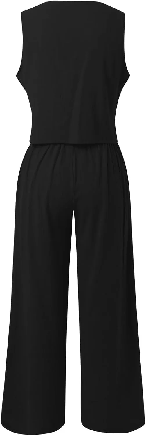 Pant Suits for Women Dressy Casual 2 Piece Sets Sleeveless Blazer Vest with Wide Leg Capri Pants Office Work Outfits