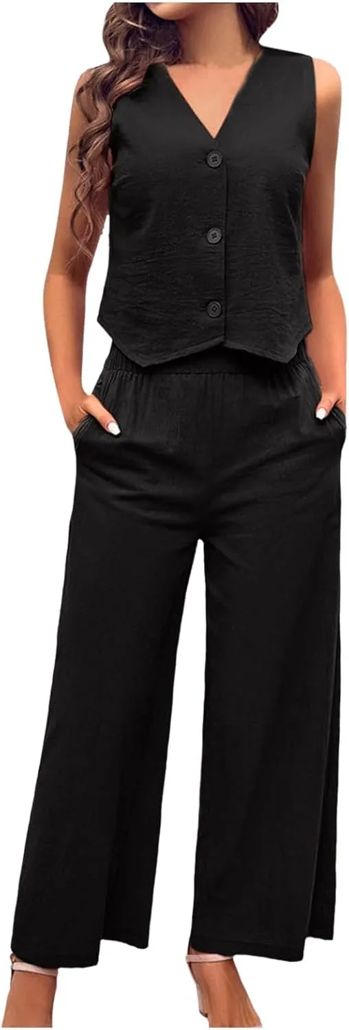 Pant Suits for Women Dressy Casual 2 Piece Sets Sleeveless Blazer Vest with Wide Leg Capri Pants Office Work Outfits