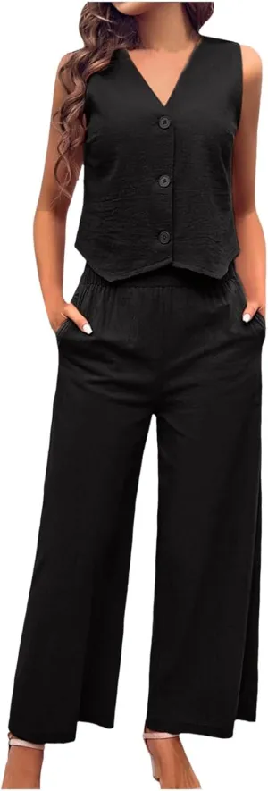 Pant Suits for Women Dressy Casual 2 Piece Sets Sleeveless Blazer Vest with Wide Leg Capri Pants Office Work Outfits