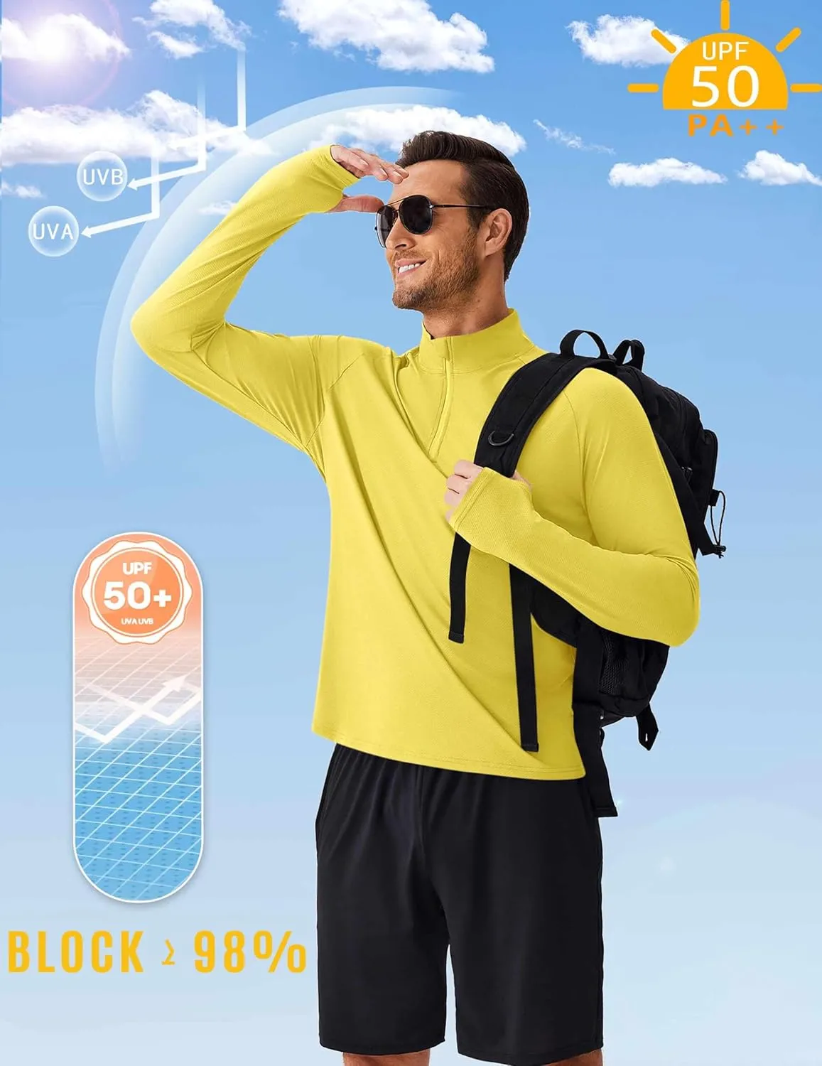 PINSPARK UV Long Sleeve Shirt for Men Quarter Zip Pullover Lightweight Rash Guard with Thumb Hole Quick Dry Workout Shirts