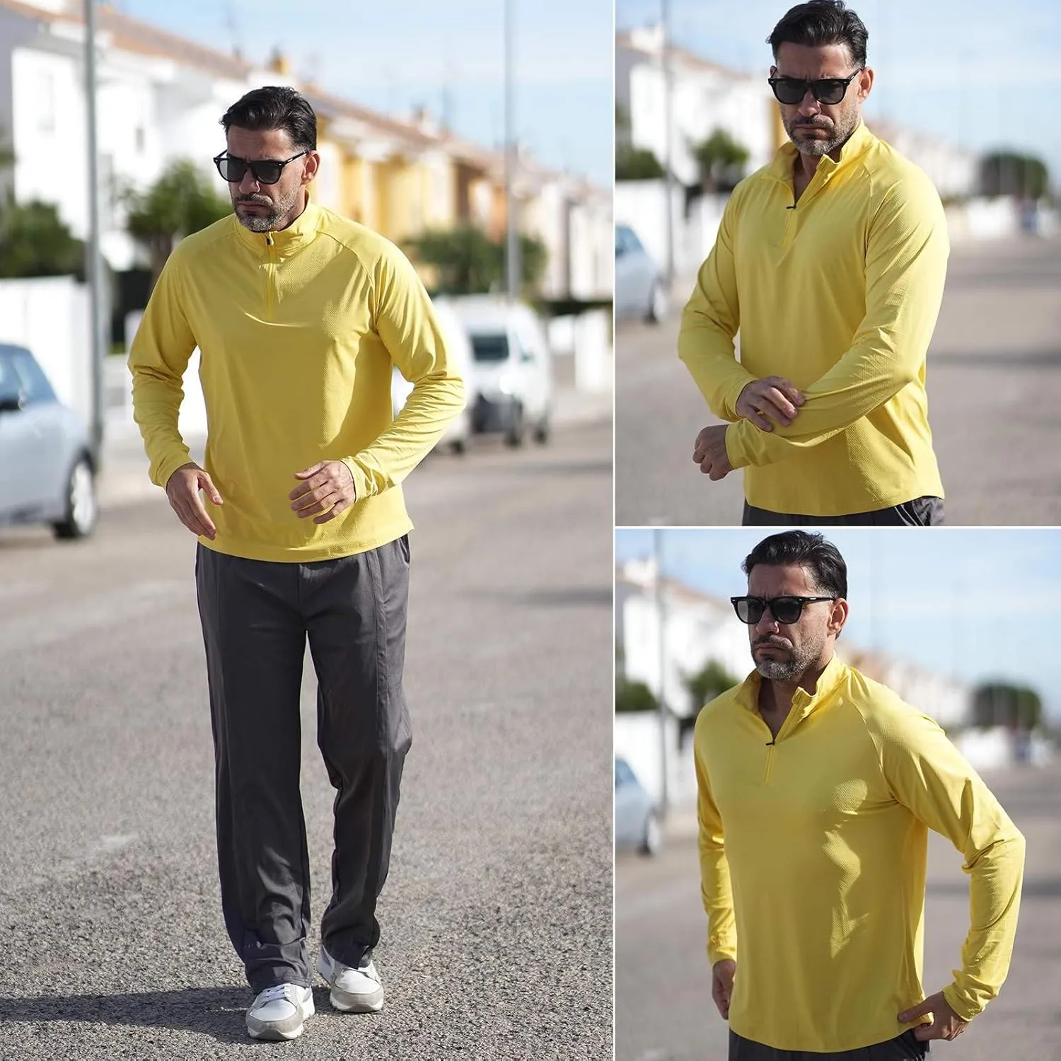 PINSPARK UV Long Sleeve Shirt for Men Quarter Zip Pullover Lightweight Rash Guard with Thumb Hole Quick Dry Workout Shirts