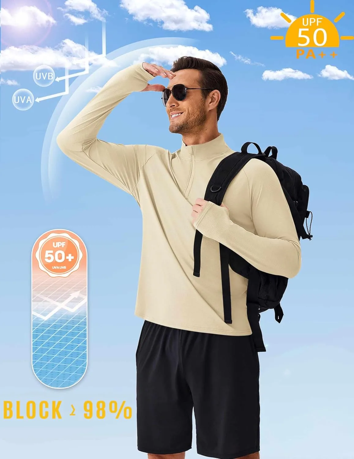 PINSPARK UV Long Sleeve Shirt for Men Quarter Zip Pullover Lightweight Rash Guard with Thumb Hole Quick Dry Workout Shirts