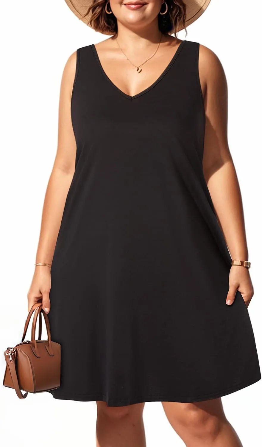 Pinup Fashion Plus Size Women Tank Dresses Sleeveless Criss Cross Back Cover Up T-Shirt Sun Dress with Pockets