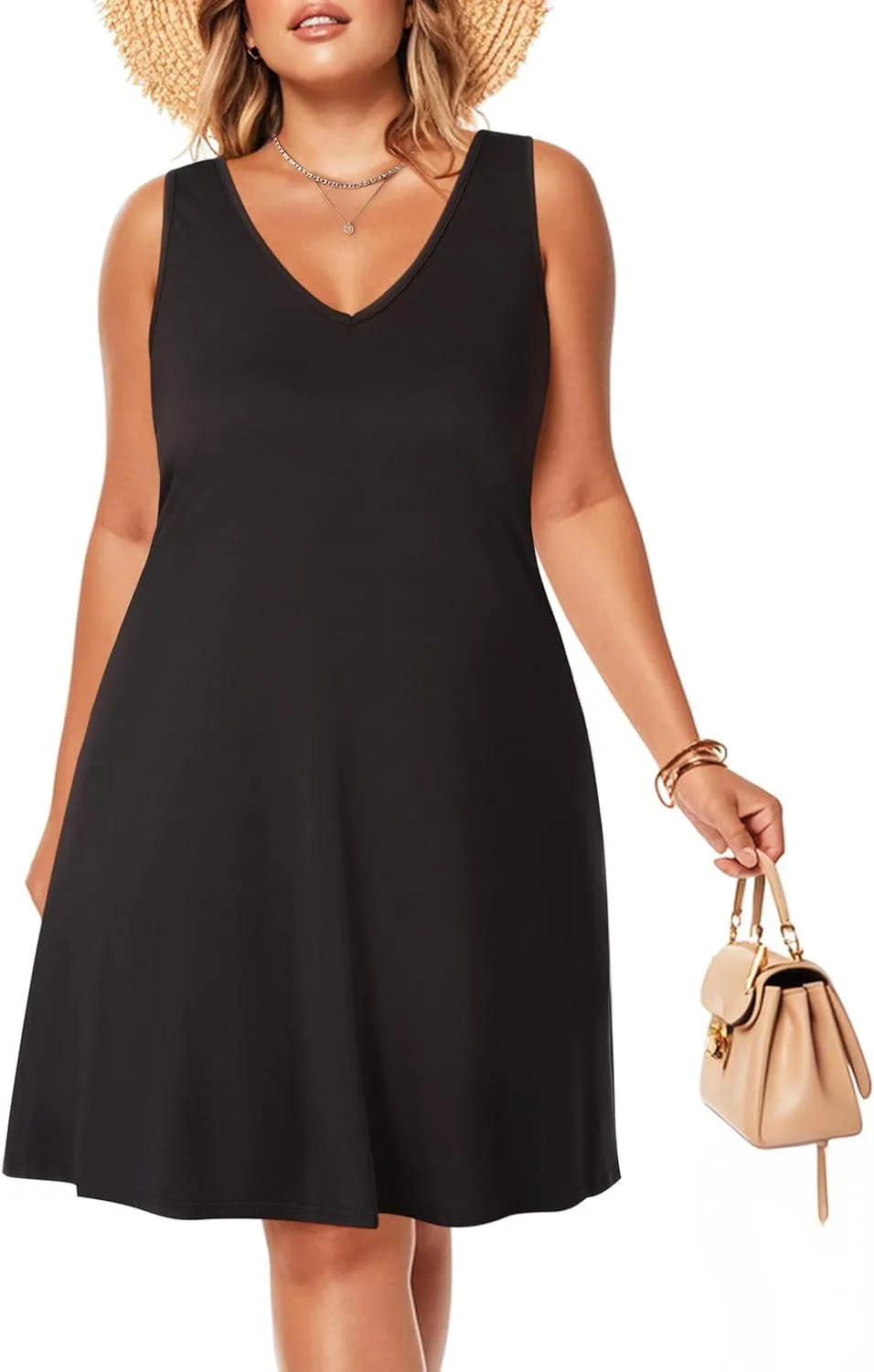 Pinup Fashion Plus Size Women Tank Dresses Sleeveless Criss Cross Back Cover Up T-Shirt Sun Dress with Pockets
