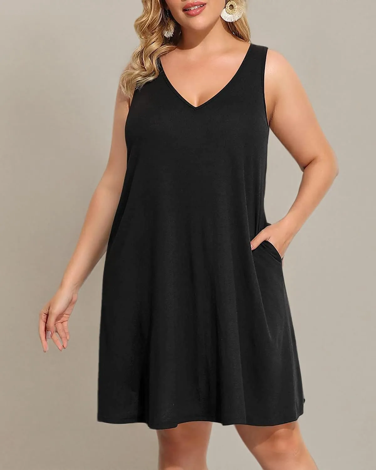 Pinup Fashion Plus Size Women Tank Dresses Sleeveless Criss Cross Back Cover Up T-Shirt Sun Dress with Pockets