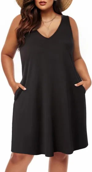 Pinup Fashion Plus Size Women Tank Dresses Sleeveless Criss Cross Back Cover Up T-Shirt Sun Dress with Pockets
