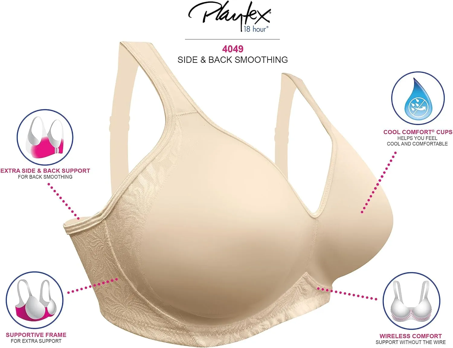 Playtex Women's Smoothing Wireless Bra, 18 Hour Plus-Size T-Shirt Bras Available, No Show, 4049