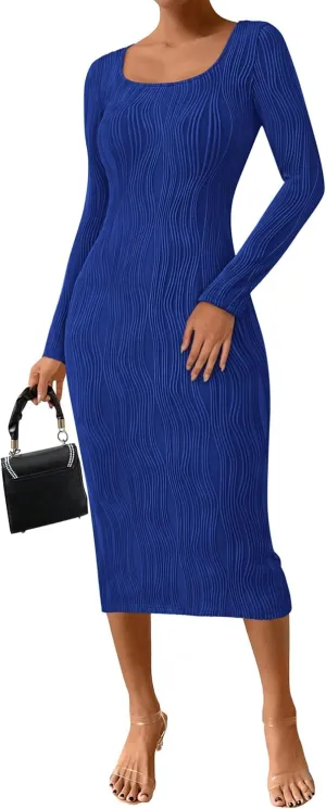 PRETTYGARDEN Womens Fall Dresses 2025 Long Sleeve Square Neck Knit Midi Beach Vacation Clothes Slit Bodycon Long Dress