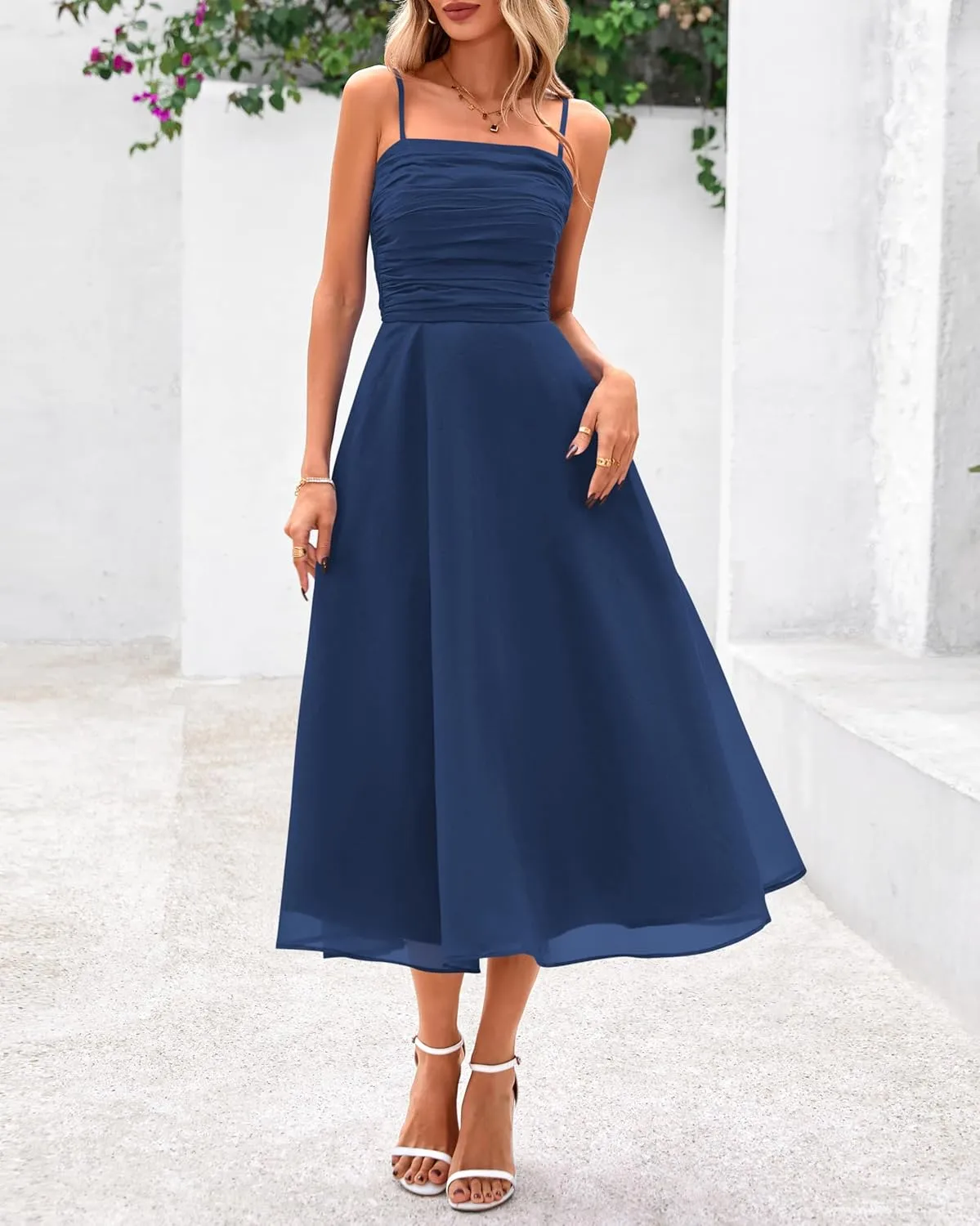 PRETTYGARDEN Womens Summer Dresses 2025 Spaghetti Strap Sleeveless Smocked Flowy Midi Wedding Guest Dress with Pockets
