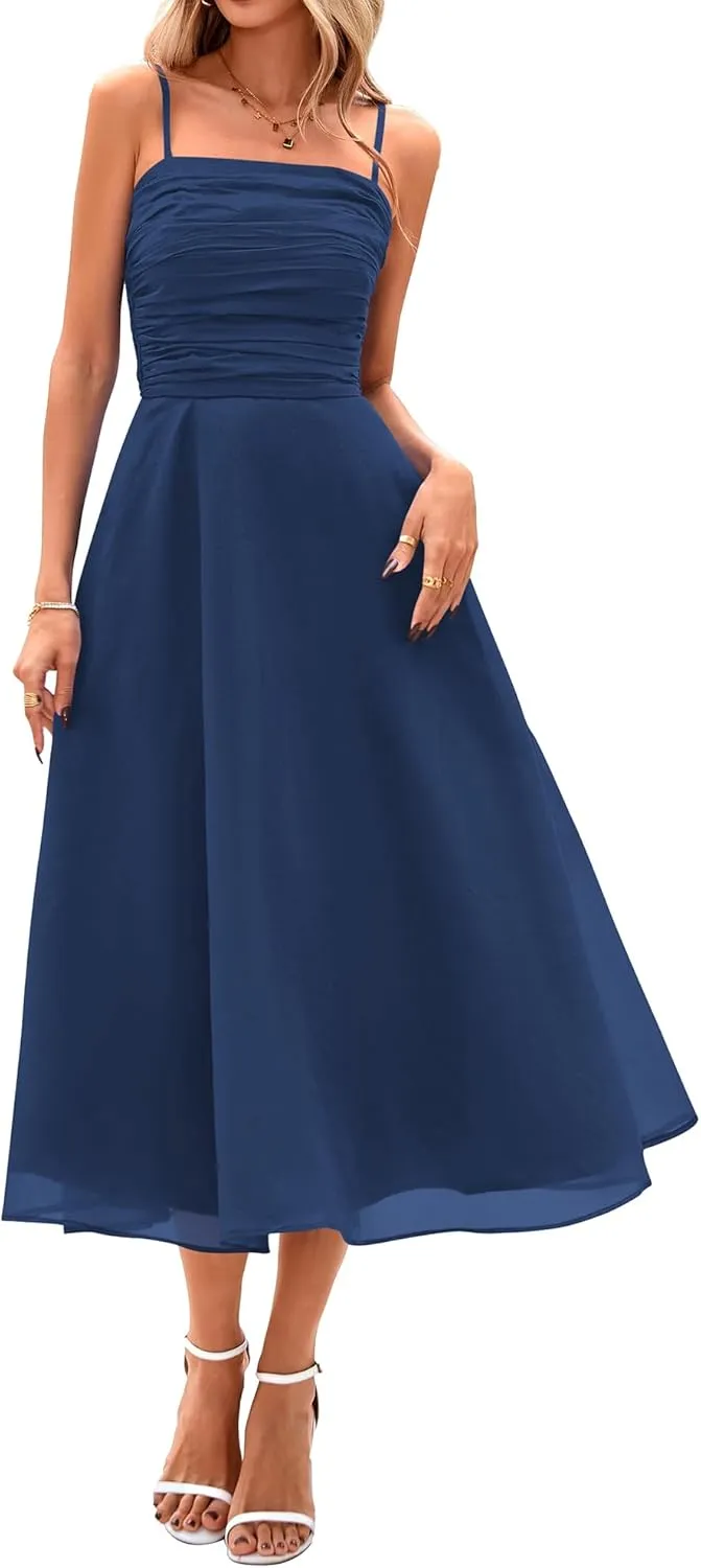 PRETTYGARDEN Womens Summer Dresses 2025 Spaghetti Strap Sleeveless Smocked Flowy Midi Wedding Guest Dress with Pockets