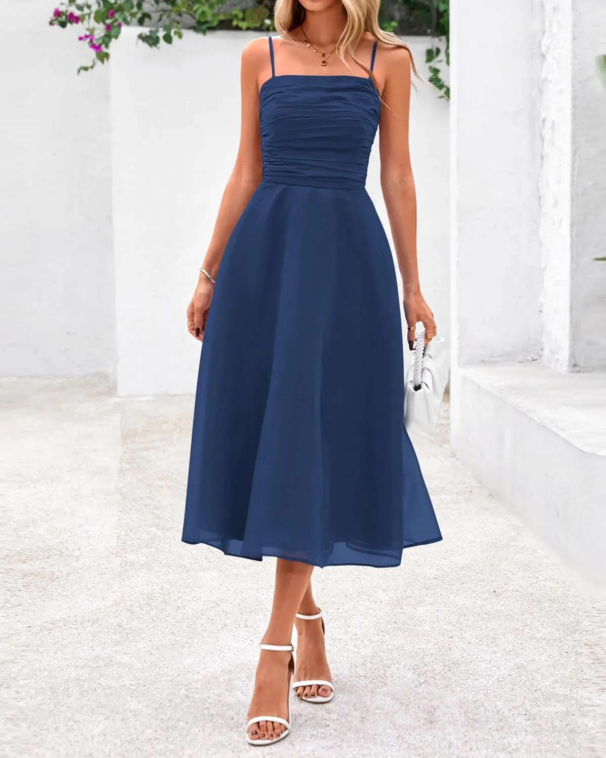 PRETTYGARDEN Womens Summer Dresses 2025 Spaghetti Strap Sleeveless Smocked Flowy Midi Wedding Guest Dress with Pockets
