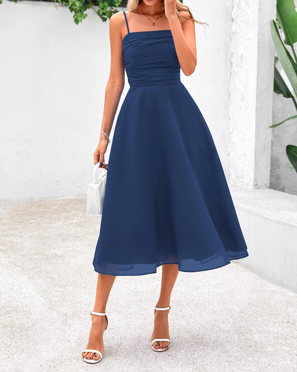 PRETTYGARDEN Womens Summer Dresses 2025 Spaghetti Strap Sleeveless Smocked Flowy Midi Wedding Guest Dress with Pockets