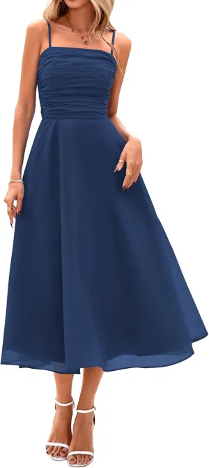 PRETTYGARDEN Womens Summer Dresses 2025 Spaghetti Strap Sleeveless Smocked Flowy Midi Wedding Guest Dress with Pockets