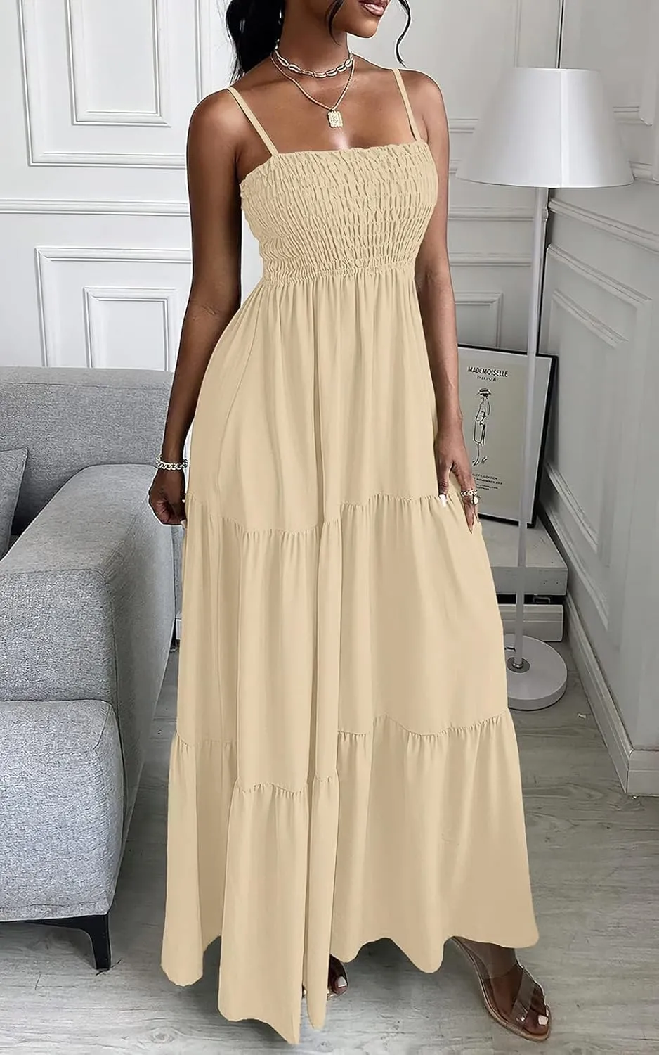 PRETTYGARDEN Women's Summer Maxi Dress 2025 Casual Boho Sleeveless Spaghetti Strap Smocked Tiered Long Beach Sundresses
