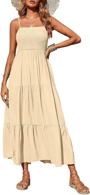 PRETTYGARDEN Women's Summer Maxi Dress 2025 Casual Boho Sleeveless Spaghetti Strap Smocked Tiered Long Beach Sundresses