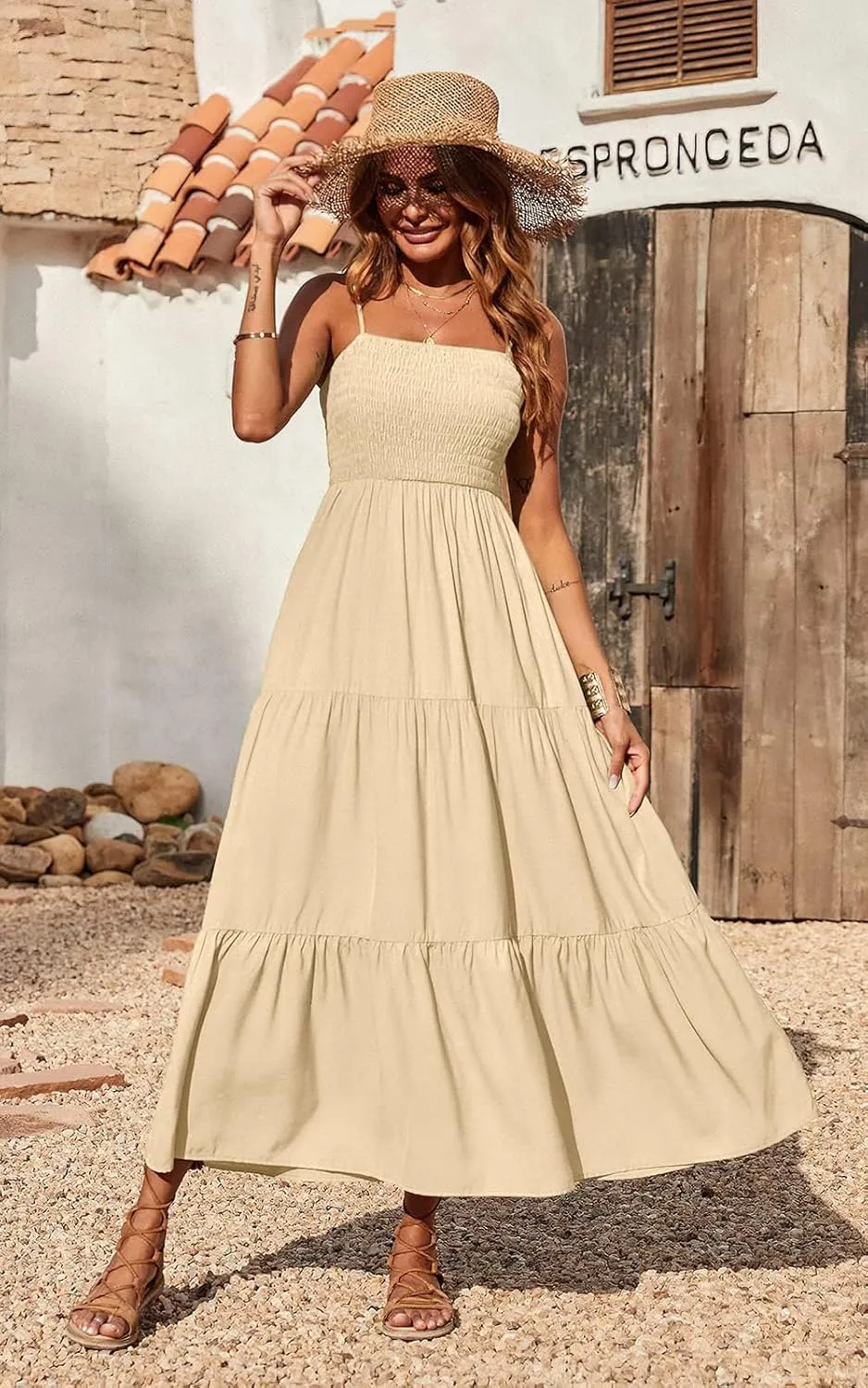 PRETTYGARDEN Women's Summer Maxi Dress 2025 Casual Boho Sleeveless Spaghetti Strap Smocked Tiered Long Beach Sundresses
