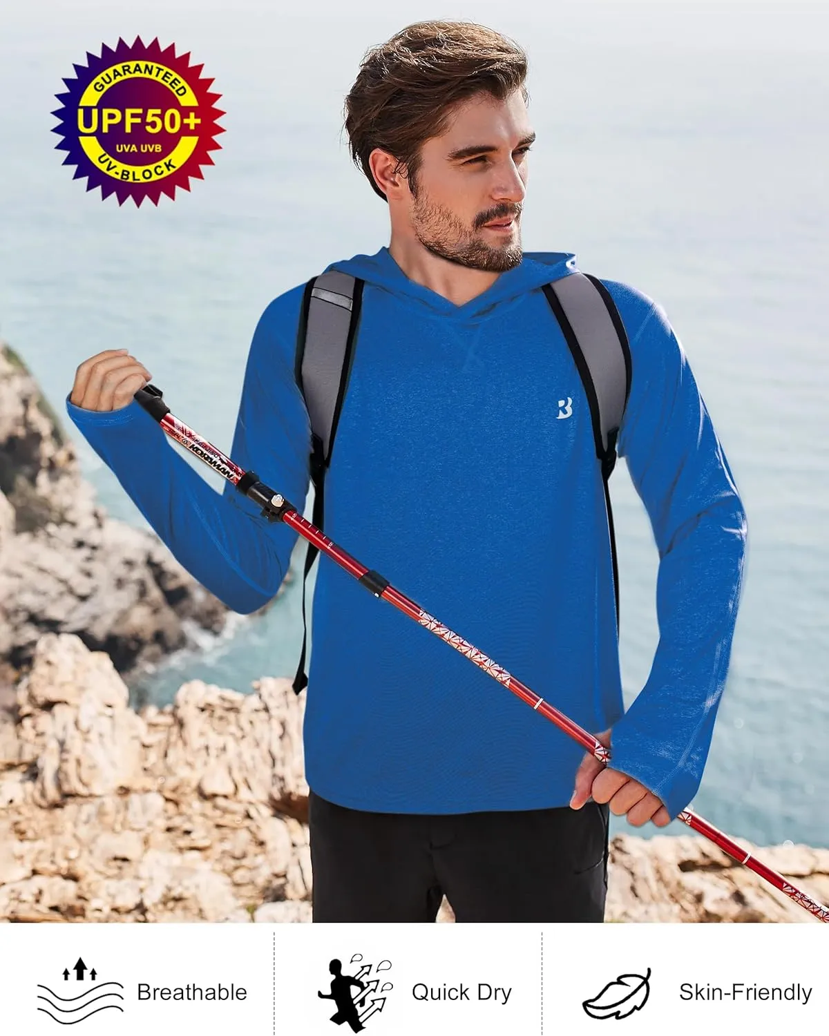 Roadbox Mens UPF 50  Fishing Shirts, Long Sleeve UV Sun Hoodie, Hiking Running Swim Athletic Workout Shirt