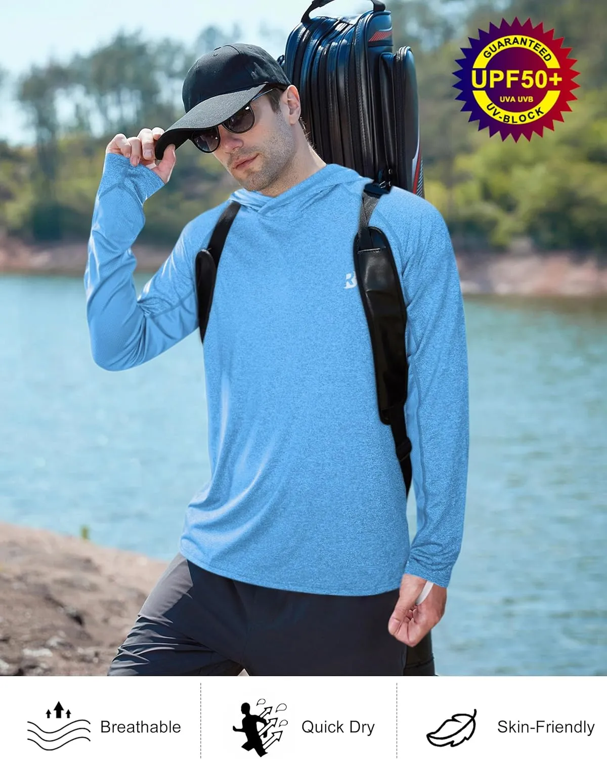 Roadbox Mens UPF 50  Fishing Shirts, Long Sleeve UV Sun Hoodie, Hiking Running Swim Athletic Workout Shirt