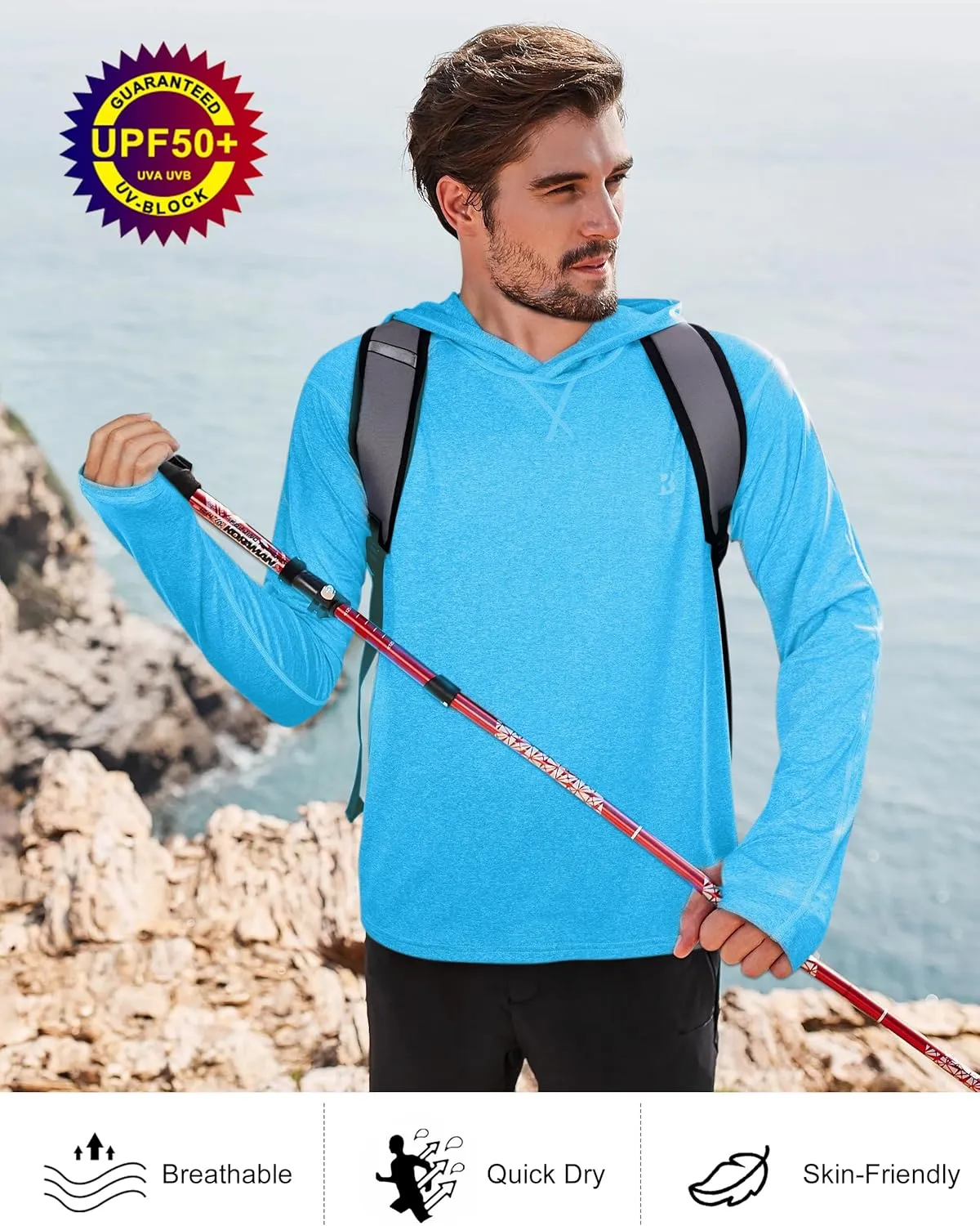 Roadbox Mens UPF 50  Fishing Shirts, Long Sleeve UV Sun Hoodie, Hiking Running Swim Athletic Workout Shirt