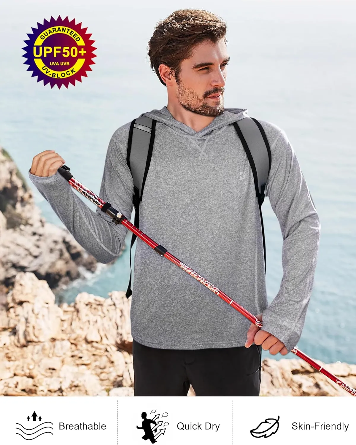 Roadbox Mens UPF 50  Fishing Shirts, Long Sleeve UV Sun Hoodie, Hiking Running Swim Athletic Workout Shirt
