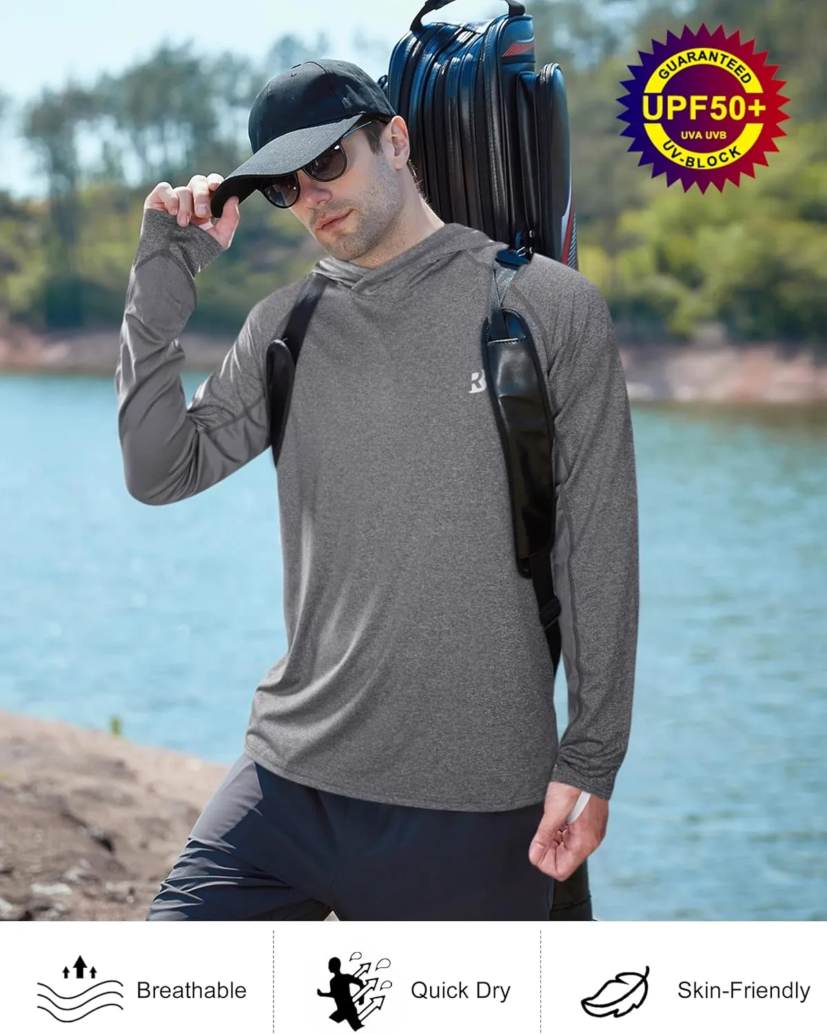 Roadbox Mens UPF 50  Fishing Shirts, Long Sleeve UV Sun Hoodie, Hiking Running Swim Athletic Workout Shirt