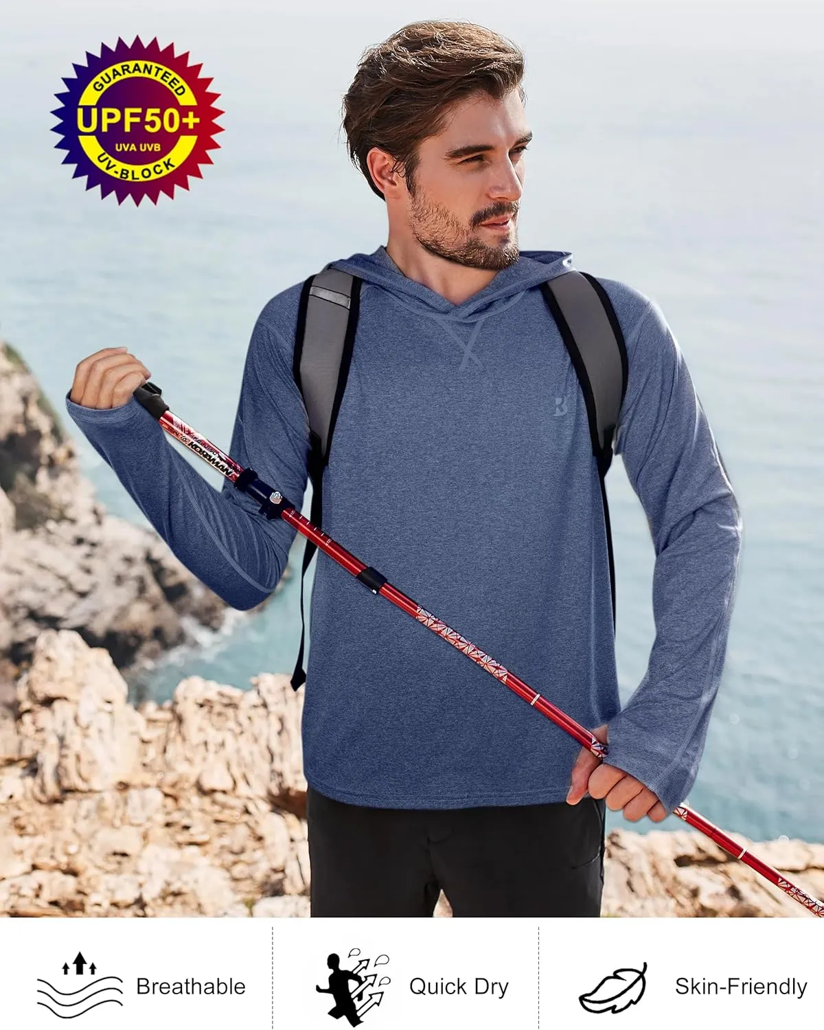 Roadbox Mens UPF 50  Fishing Shirts, Long Sleeve UV Sun Hoodie, Hiking Running Swim Athletic Workout Shirt