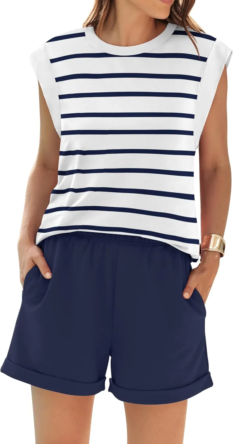 RUBZOOF 2 Piece Outfits for Women Lightweight Matching Lounge Sets Cap Sleeve Top and Elastic Waisted Shorts