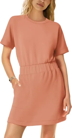SENSERISE Womens Short Sleeve T Shirt Dresses Crew Neck Solid Color Basic Smocked Waist Dress with Pockets
