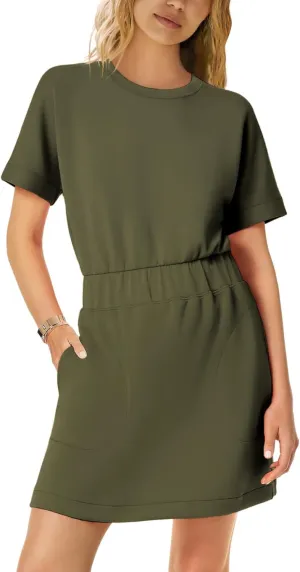 SENSERISE Womens Short Sleeve T Shirt Dresses Crew Neck Solid Color Basic Smocked Waist Dress with Pockets