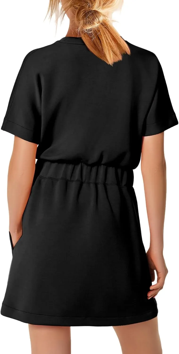 SENSERISE Womens Short Sleeve T Shirt Dresses Crew Neck Solid Color Basic Smocked Waist Dress with Pockets
