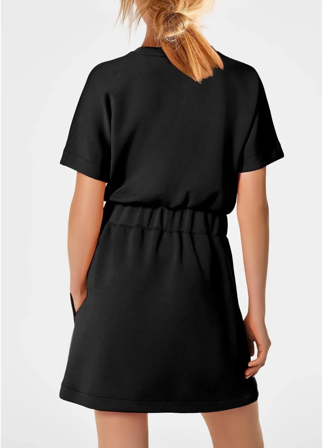 SENSERISE Womens Short Sleeve T Shirt Dresses Crew Neck Solid Color Basic Smocked Waist Dress with Pockets
