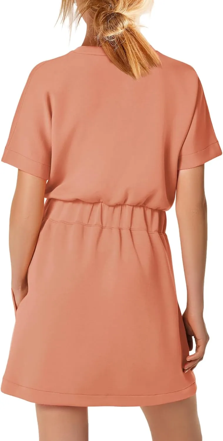 SENSERISE Womens Short Sleeve T Shirt Dresses Crew Neck Solid Color Basic Smocked Waist Dress with Pockets